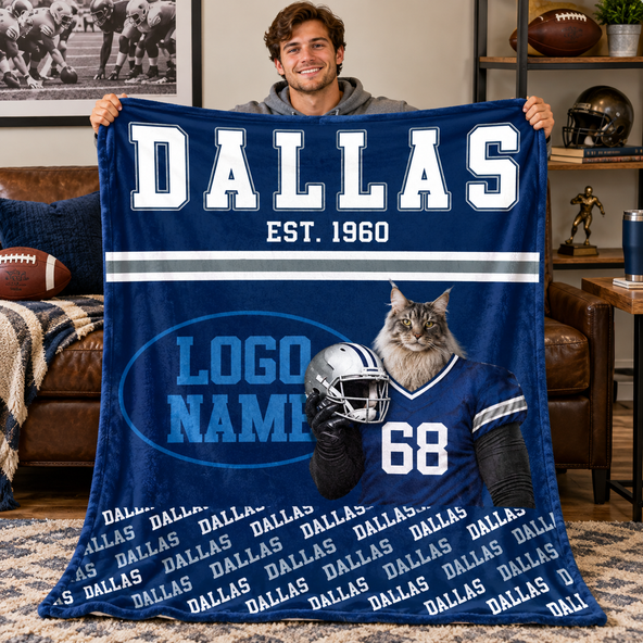 Personalized Football Team Pet Portrait Blanket, Custom Photo Throw Blanket, Gift for Football & Pet Lovers