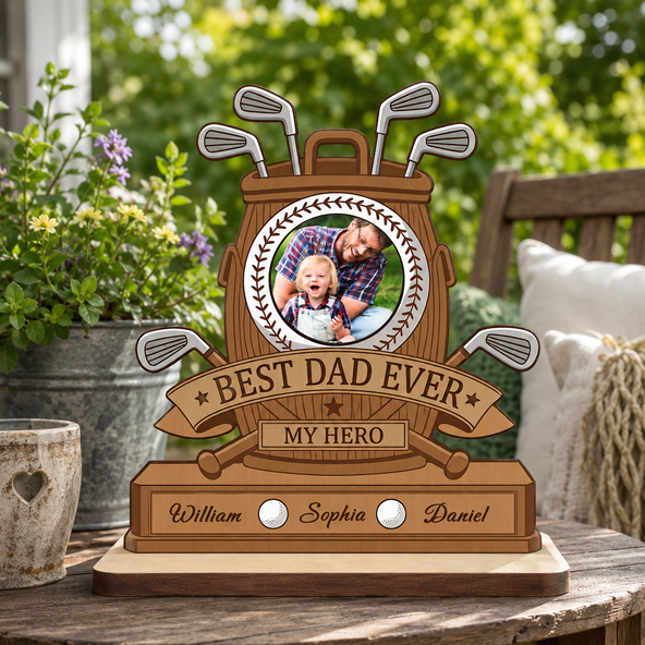 Personalized Golf Dad Wooden Plaque Photo Frame – Best Dad Ever Custom Name Gift for Father’s Day