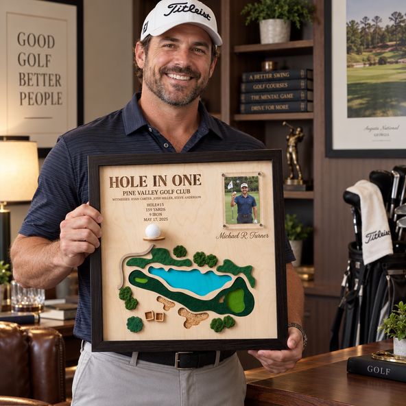 Personalized Hole in One Golf Display Frame Plaque, Custom Golf Hole Map & Golf Ball Photo Display, Hole In One Keepsake, Christmas Golf Gift for Dad