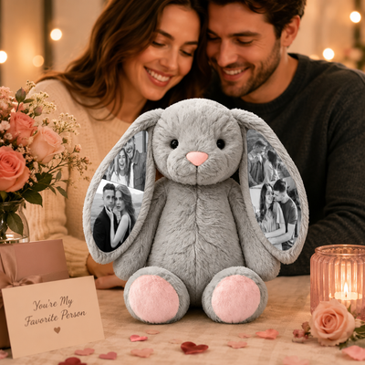 Custom Photo Bunny Plush – Personalized Hidden Ear Picture Bunny Gift for Couples
