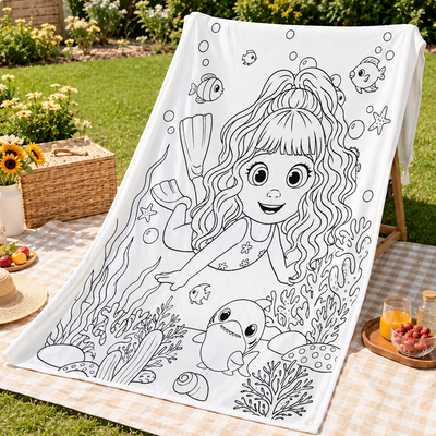 Personalized Snorkel Girl Under Sea Coloring Blanket Custom Name Ocean DIY Drawing Blanket with 24 Colors Markers