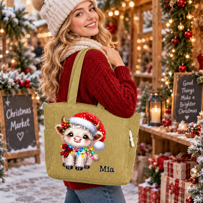 Personalized Highland Cow Tote Bag – Custom Name Corduroy Shoulder Bag, Christmas Gift for Cow Lovers