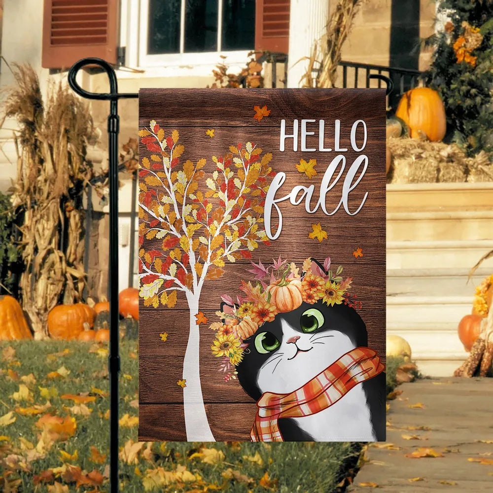 Hello Fall Cute Cats Personalized Garden Flag
