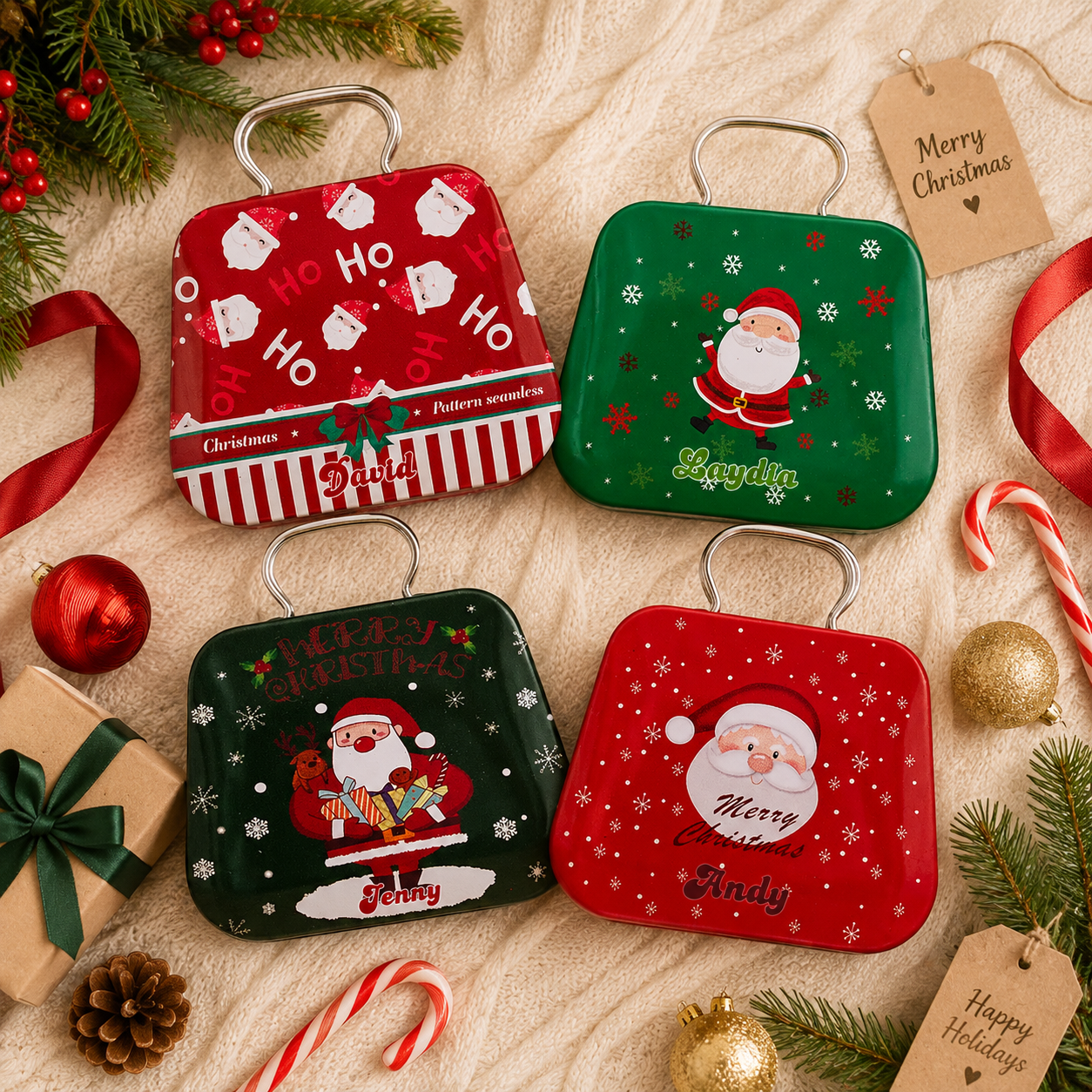 Personalized Mini Christmas Handbag Gift Box, Custom Name Printable Metal Candy Container with Handle, Xmas Party Favor Storage Box, Holiday Gift for Children