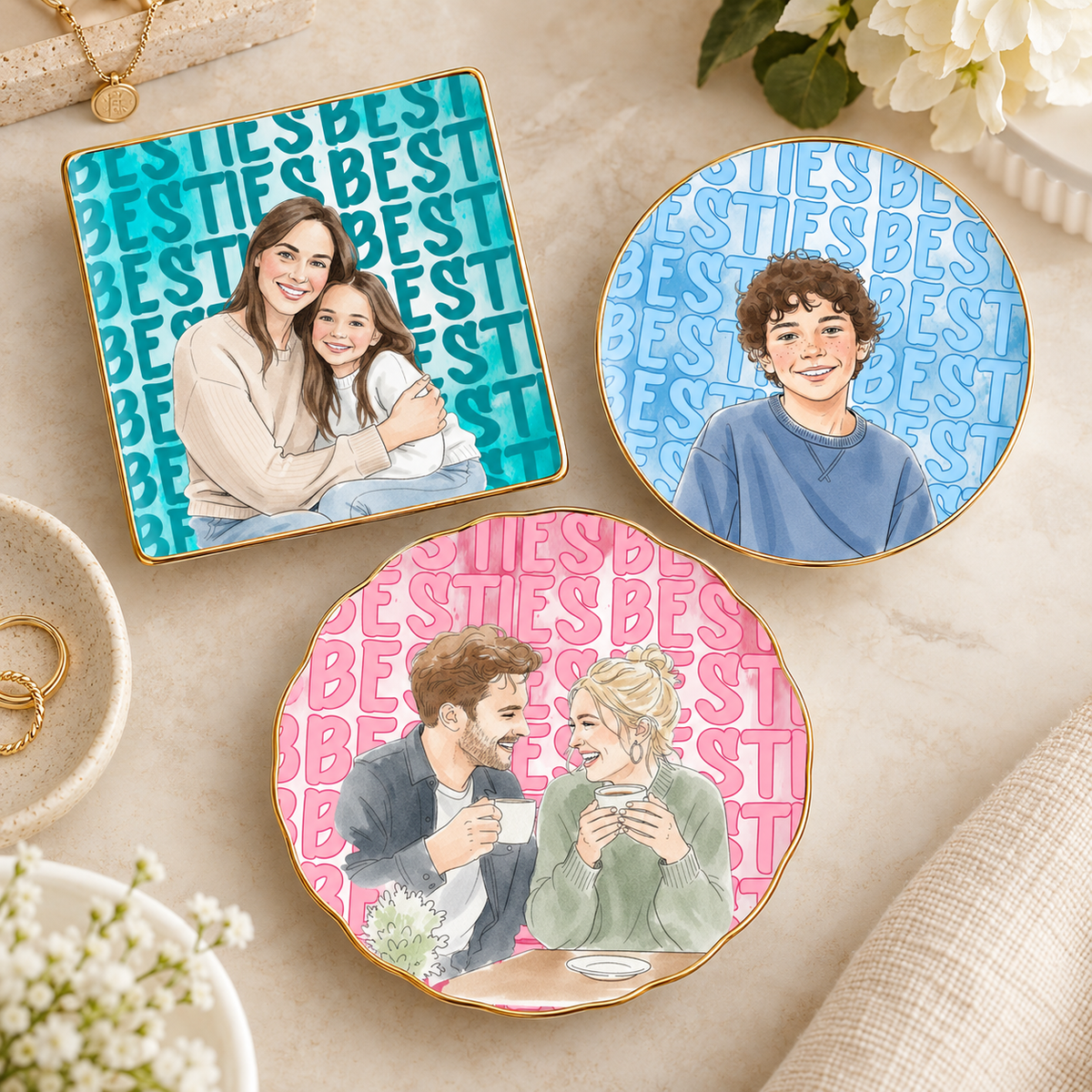 Personalized Friendship Jewelry Dish – Custom Watercolor Photo Portrait, Birthday & Christmas Gift for Best Friends