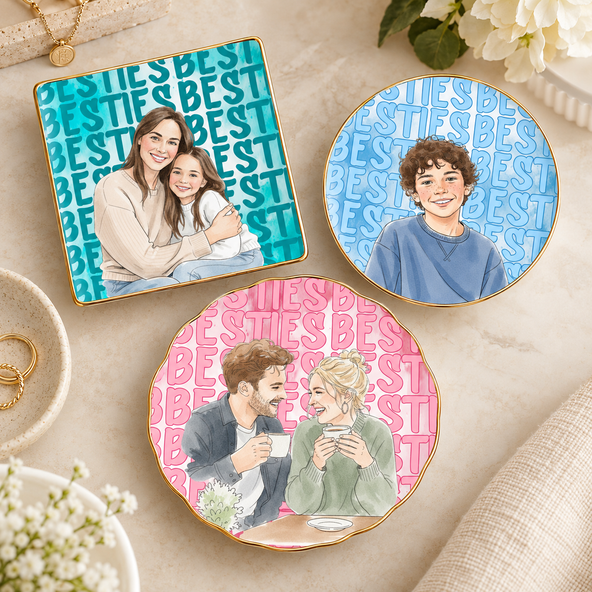 Personalized Friendship Jewelry Dish – Custom Watercolor Photo Portrait, Birthday & Christmas Gift for Best Friends