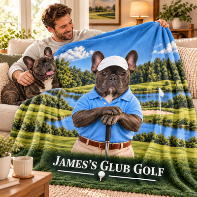 Personalized Golf Pet Portrait Blanket, Custom Dog Cat Golfer Flannel Throw Blanket, Birthday & Christmas Gift for Pet Owners and Golf Lovers
