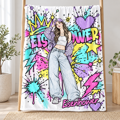 Graffiti Coloring Throw Blanket, DIY Street Art Doodle Blanket, Hip Hop Girl Paint Splash Fleece Blanket, Gift for Kids & Adults
