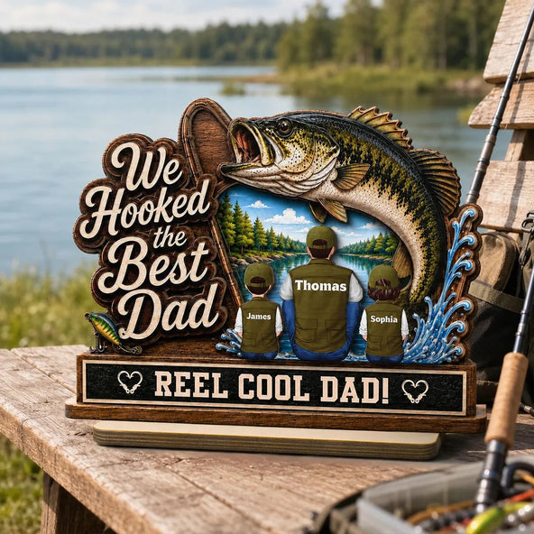 We Hooked The Best Dad Grandpa Back View 2D Flat - Personalized 2-Layered Wooden Plaque - Father's Day Gift For Fishing Lovers