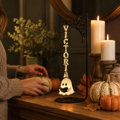 Personalized Name Ghost Reading Hanging Ornament, Custom Letter String Pendant, Cute Spooky Bookshelf Decor, Halloween Gift for Book Lovers