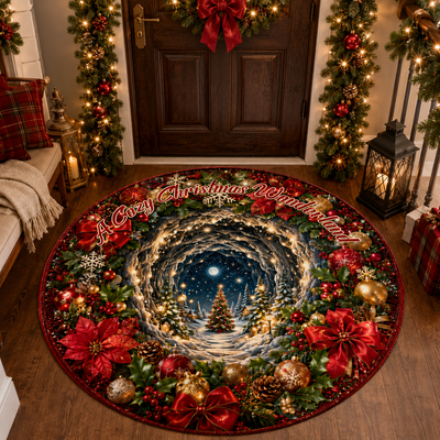 Christmas 3D Vortex Optical Illusion Round Rug Non-Slip Decorative Floor Mat, Winter Snow Forest Deer Snowman Vintage Red Truck Cabin Wreath Pattern, Indoor Holiday Home Decor Gift For Family, Christmas Enthusiasts