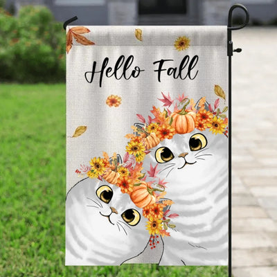 Hello Fall Cute Peeking Cat Personalized Garden Flag