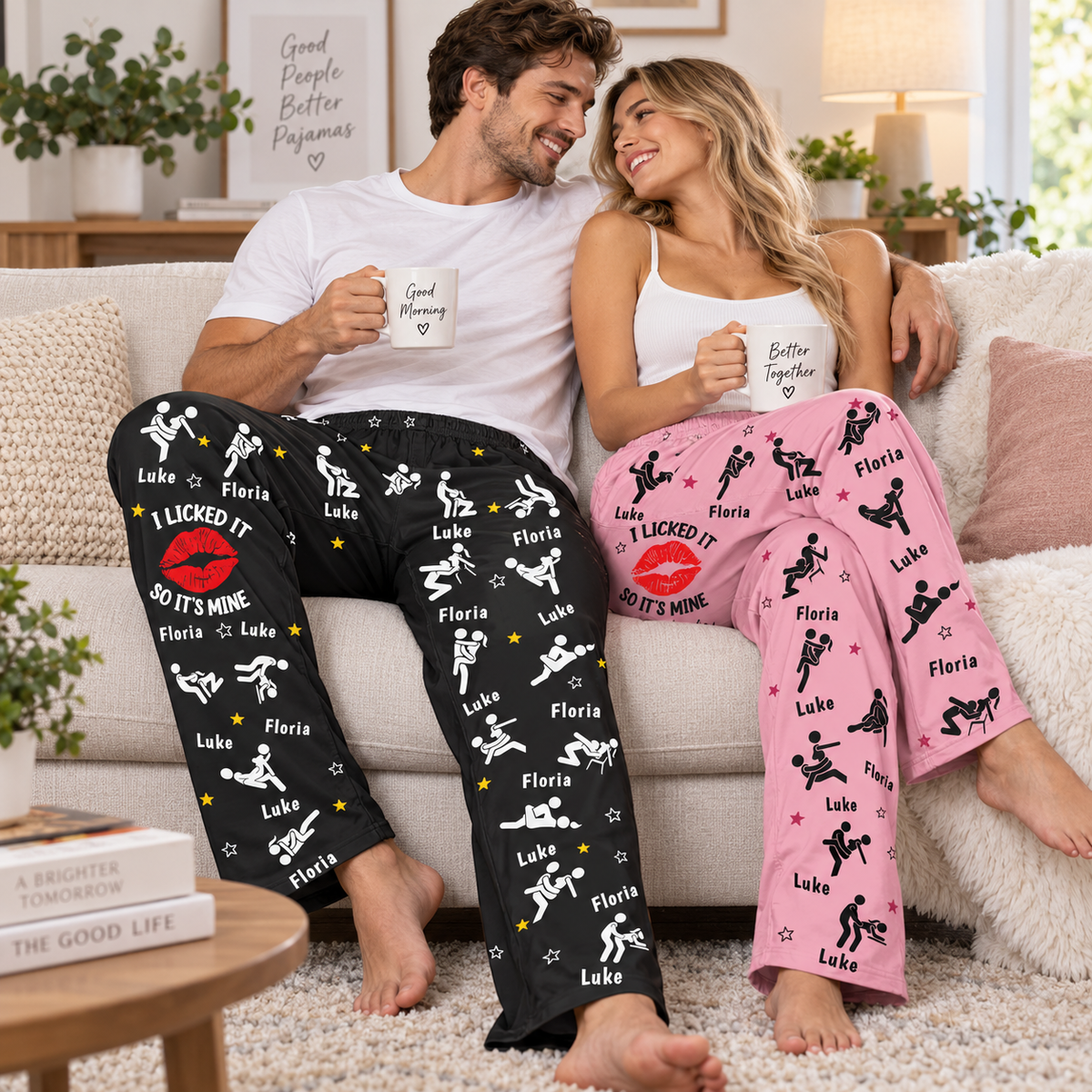 I Licked It So It's Mine - Custom Couple Pajama Pants Personalized with Names – Funny Adult Humor Loose Lounge Pants, Novelty Sleepwear for Couples