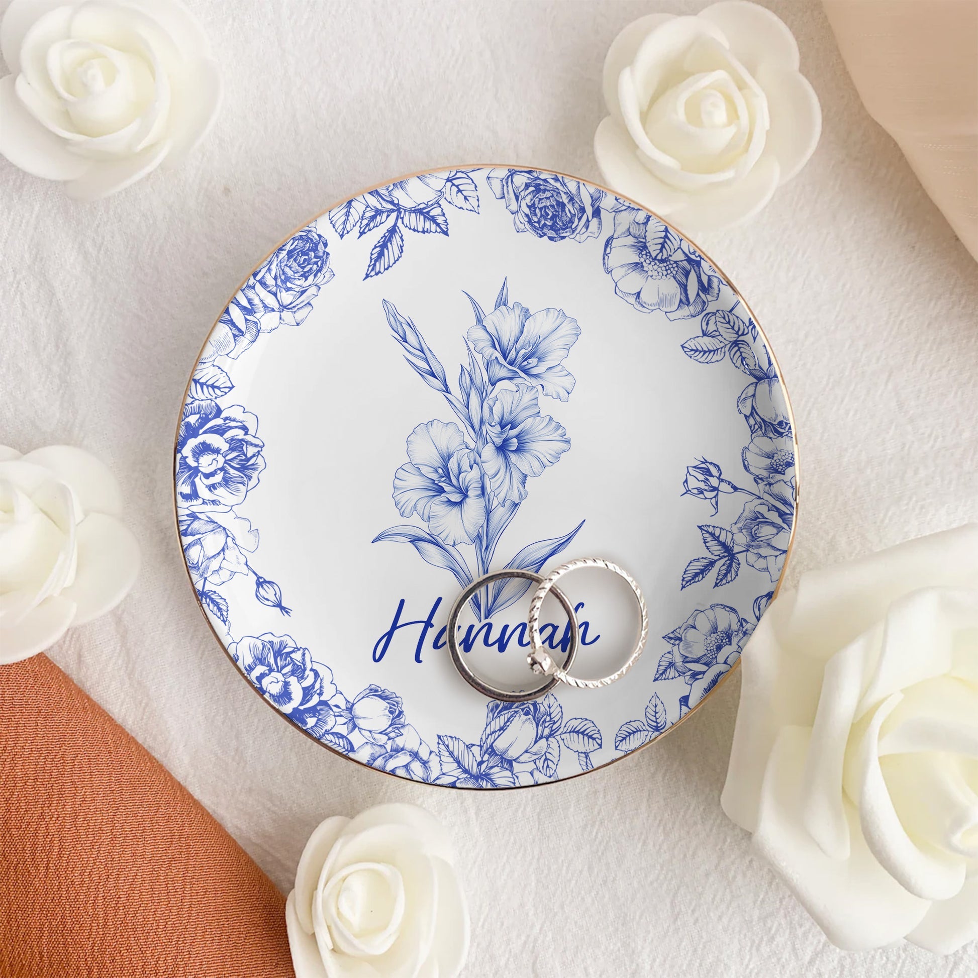 Toile De Jouy Custom Birth Flower - Personalized Jewelry Dish