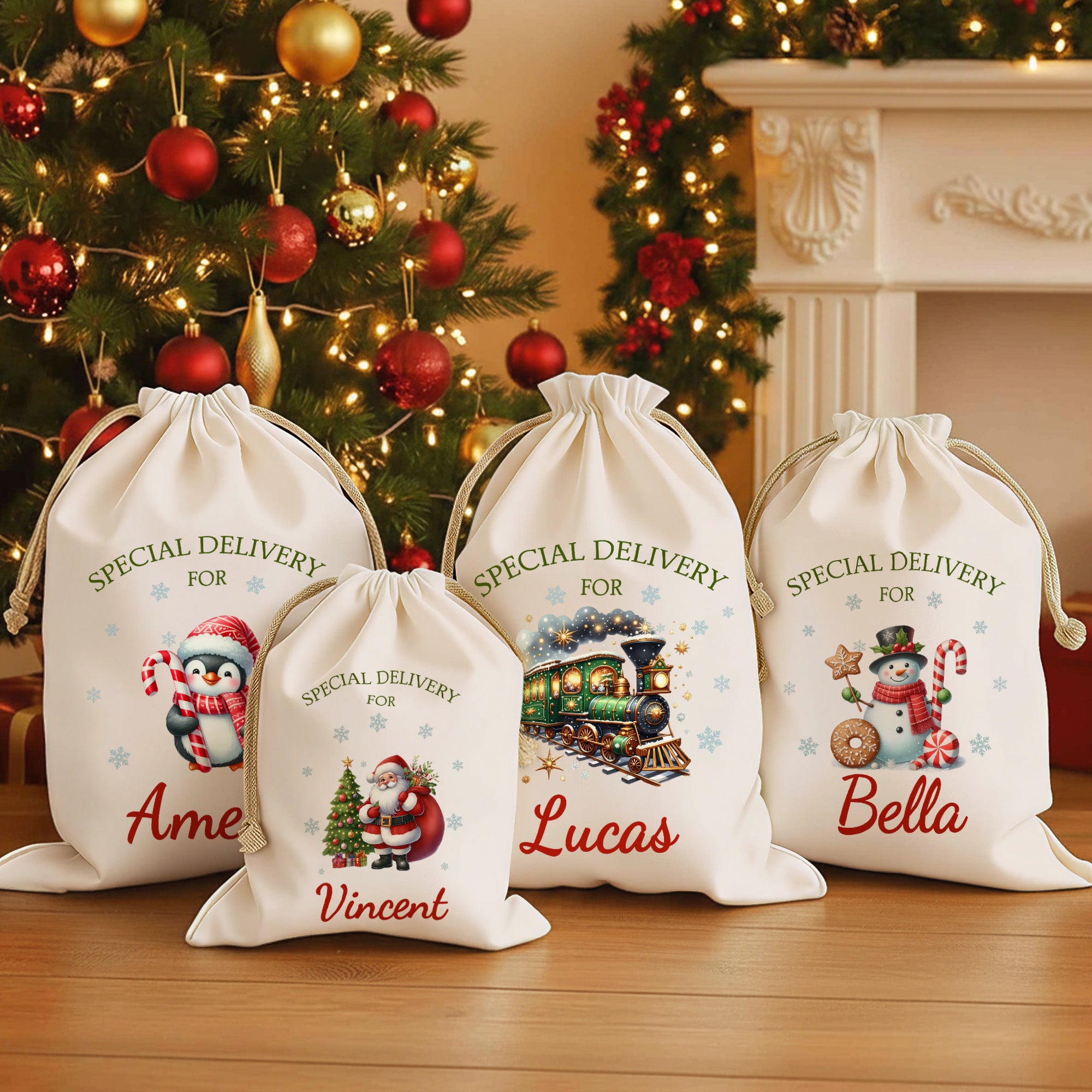 Custom Name Special Delivery Christmas Gift Bag, Santa Claus/Snowman/Penguin Design Canvas Christmas Sack with Drawstring, Christmas Gift for Kids