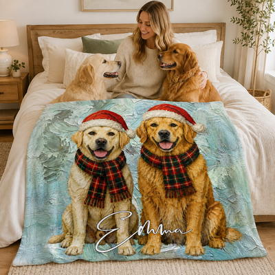 Personalized Christmas Pet Portrait Blanket – Custom Oil Painting Style Dog & Cat Photo with Santa Hat & Scarf, Holiday Gift for Pet Owners & Pet Lovers