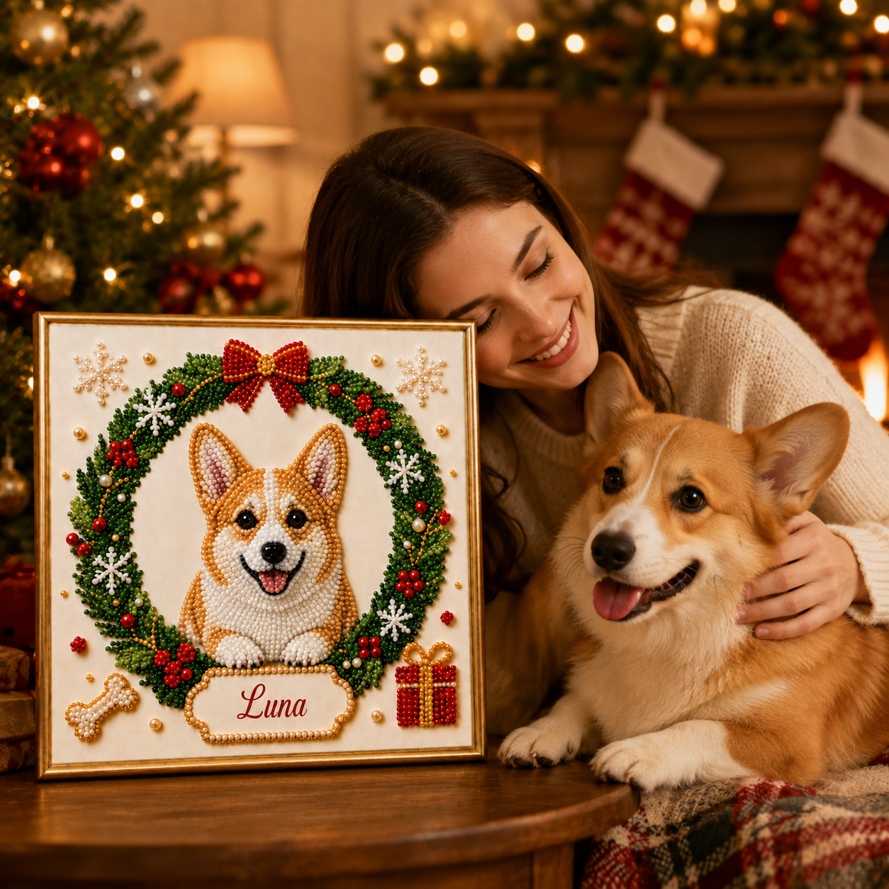 Personalized Christmas Pet Pearl Art – Custom AI Pet Portrait Canvas Decor for Holiday Gift, Families & Pet Lovers