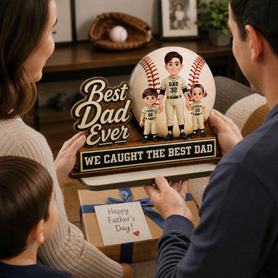We Caught The Best Dad Dad & Kids - Personalized 2-Layered Wooden Plaque - Happy Father's Day For Baseball Softball Dad