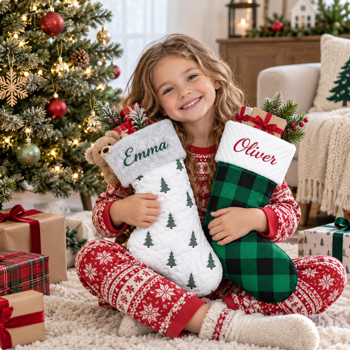 Personalized Embroidered Christmas Stocking, Rustic Plaid Farmhouse Stocking with Custom Name, Family Holiday Decor Gift