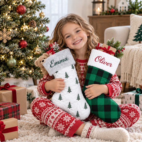 Personalized Embroidered Christmas Stocking, Rustic Plaid Farmhouse Stocking with Custom Name, Family Holiday Decor Gift