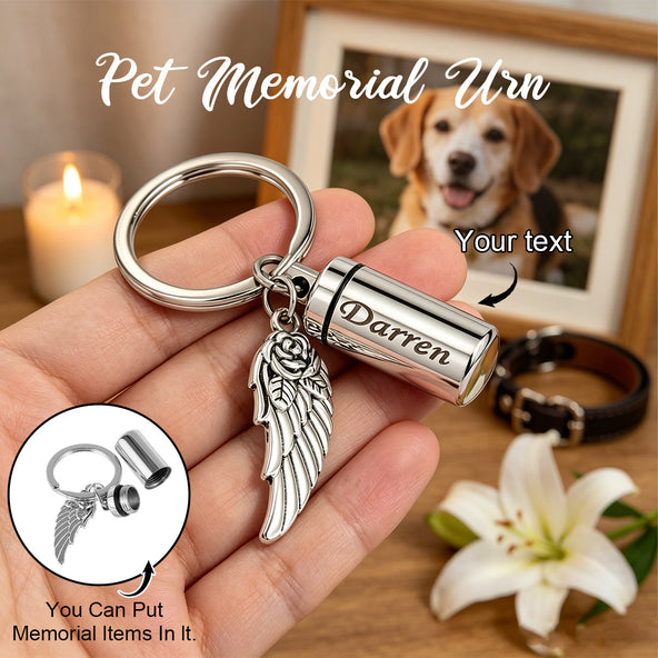 Personalized Memorial Pet Urn Keychain With Angel Wing