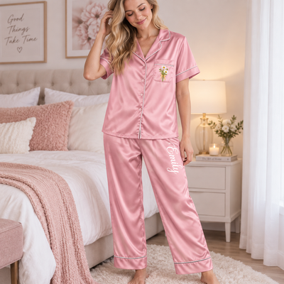 Personalized Satin Pajamas, 2-Piece Short Sleeve Long Pants Sleep Set, Custom Birth Month Flower & Name Detail, Elegant Birthday & Milestone Gift
