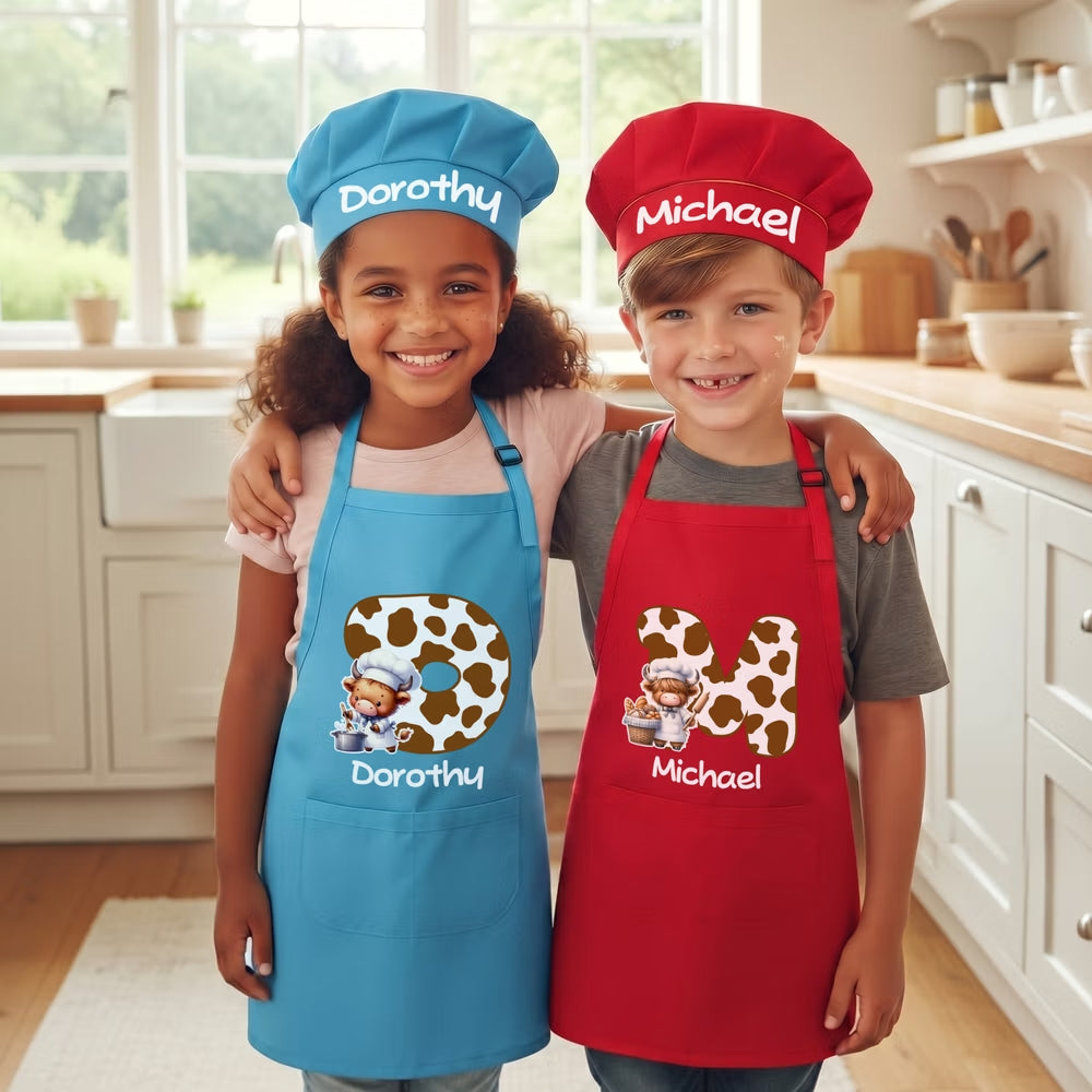 Personalized Cute Highland Cow Initial Kids Apron and Hat Set with Name Baking Party Birthday Gift for Boys Girls