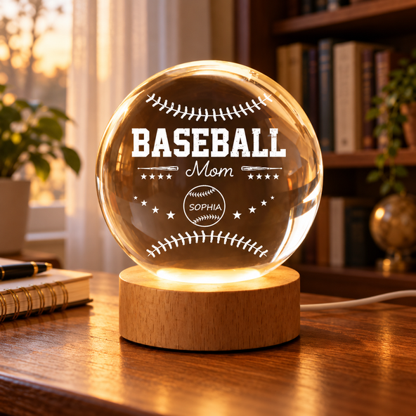 Baseball Mom And Kids Together - Personalized Crystal Ball LED Night Light - Mother's Day Gift For Baseball Mom, Gift For Wife