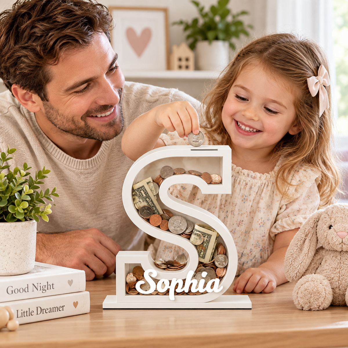 Personalized Letter Piggy Bank, Wooden & Clear Acrylic Initial Coin ...