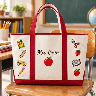 Personalized Teacher Tote Bag, Embroidered Tote with School Icons, Custom Name Teacher Appreciation Gift