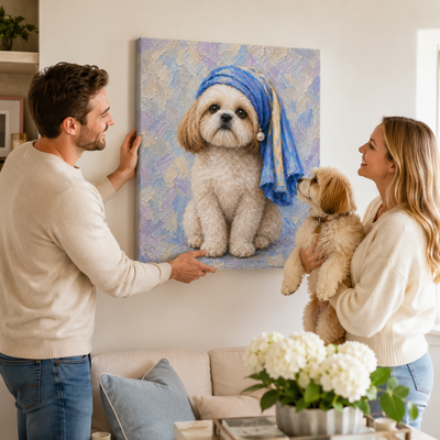 Custom Pet Portrait Canvas – Personalized Pearl Earring Oil Painting from Photo, Christmas Gift for Pet Lovers