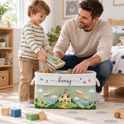Custom Name Fairy Tale Storybook Fabric Storage Basket, Magical Reading Nook Organizer for Book Lovers