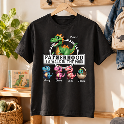 Fatherhood Is A Walk In The Park Dinosaurs Dad & Kids - Personalized Shirt - Father's Day Gift For Husband, Dad
