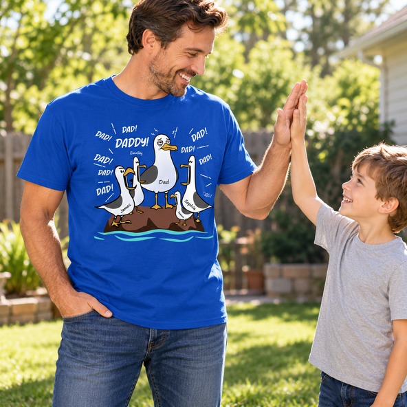 Seagull Dad! Dad! Dad! Tired Seagull & Kids Custom Name - Personalized Shirt - Funny Father's Day Gift For Dad, Husband