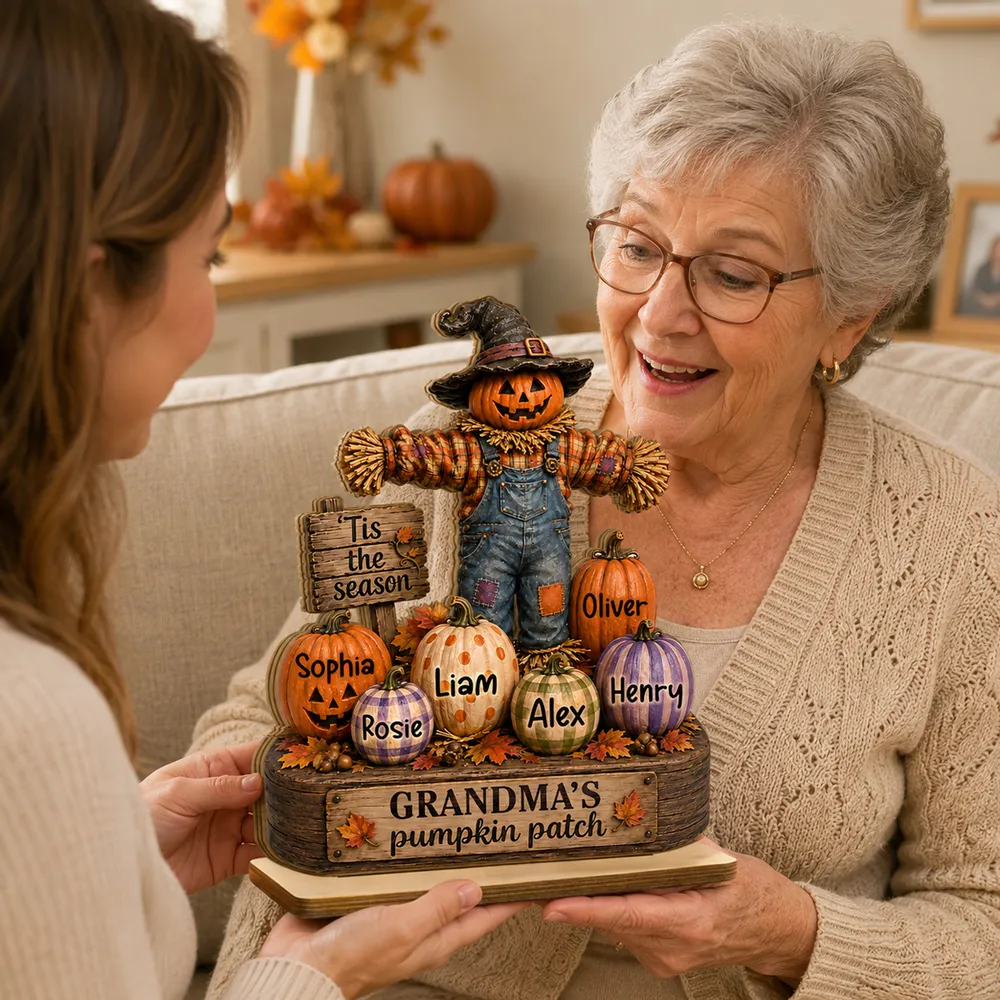 Grandma's Pumpkin Patch Scarecrow - Personalized 2-Layered Wooden Plaque - Halloween Fall Decor for Her