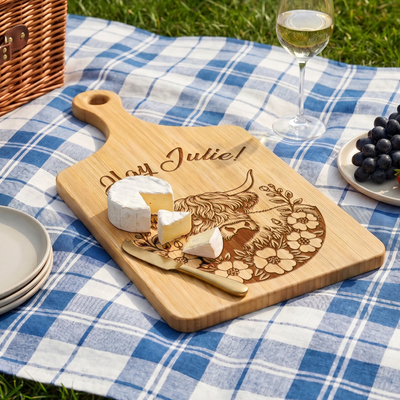 Personalized Flower Highland Cow Wooden Reversible Cutting Board with Engraved Text Grip Ship from USA Housewarming Birthday Gift for Family Friends