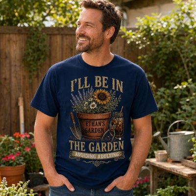 Personalized I'll Be In The Garden Avoiding Adulting T Shirt Custom Name Gardener Sunflower Vintage Tee Gift For Plant Lover