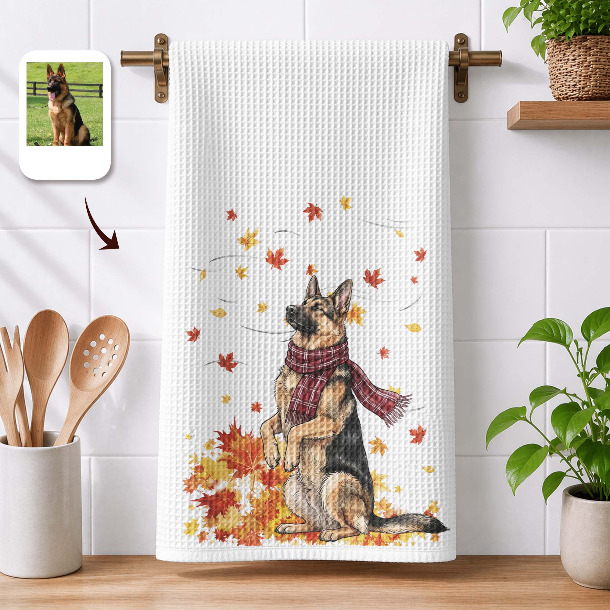 Pet With Fall Leaves Art Fall Decor - Personalized Kitchen Towel