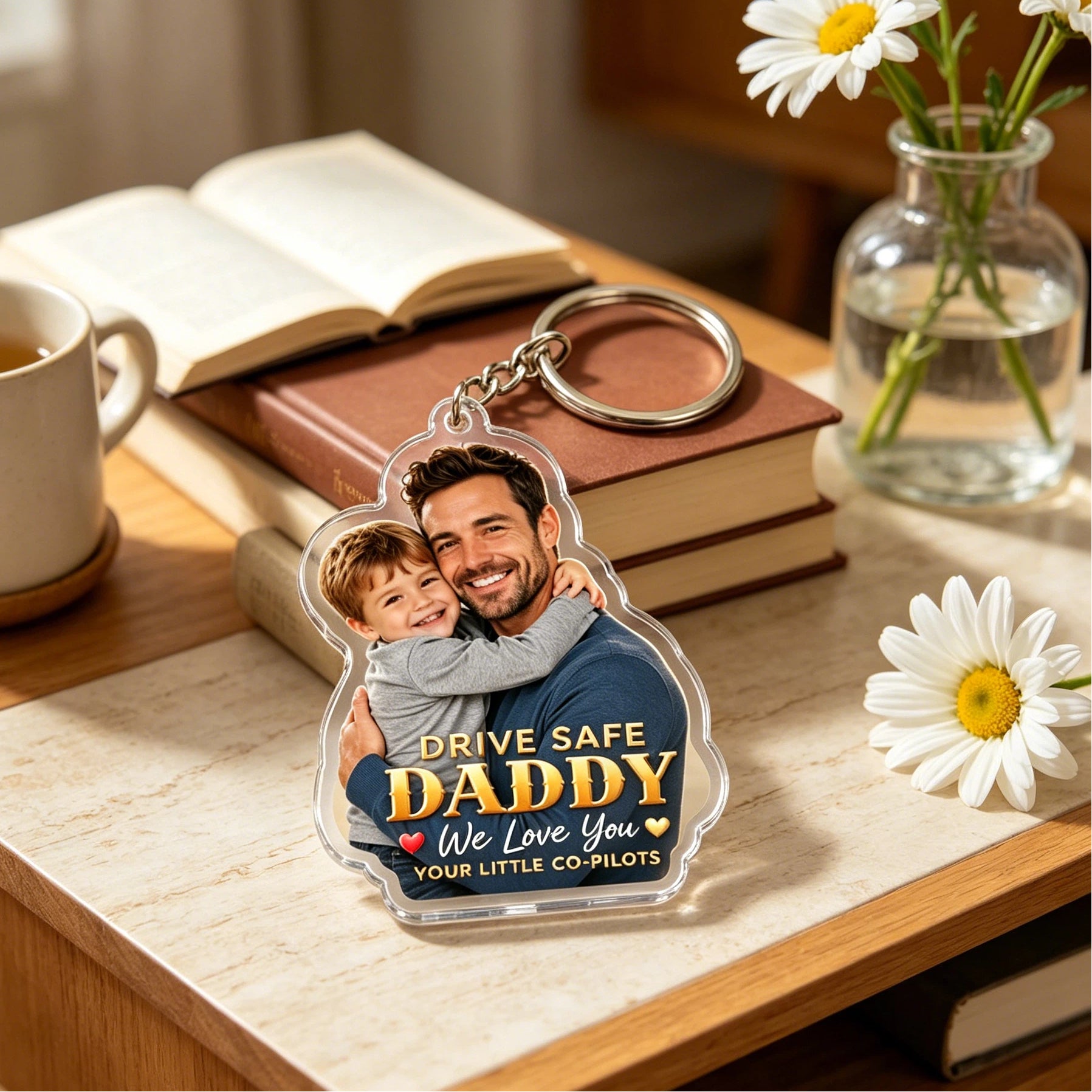 Personalized Photo Keychain, Drive Safe Daddy Funny Gift from Kids, Custom Acrylic Photo Keychain for Dad