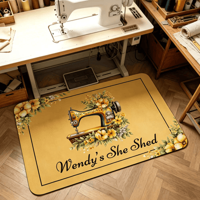 Personalized Floral Sewing Machine Anti-Slip Doormat with Text Home Workshop Decor Birthday Housewarming Opening Gift for Tailor Sewing Lover