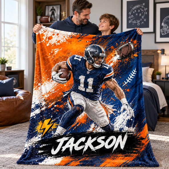 Personalized American Football Photo Blanket, Graffiti Oil Painting Style Soft Throw, Custom Name Gift for Player Lover