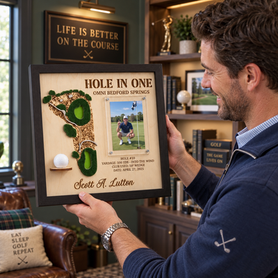 Personalized Hole in One Golf Display Frame Plaque, Custom Golf Hole Map & Golf Ball Photo Display, Hole In One Keepsake, Christmas Golf Gift for Dad