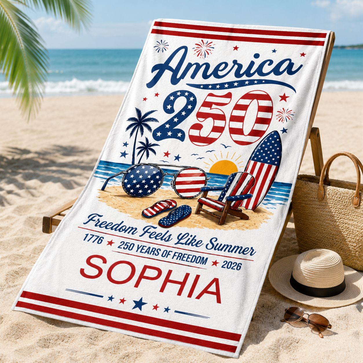 America 250 Freedom Feels Like Summer - Personalized Beach Towel