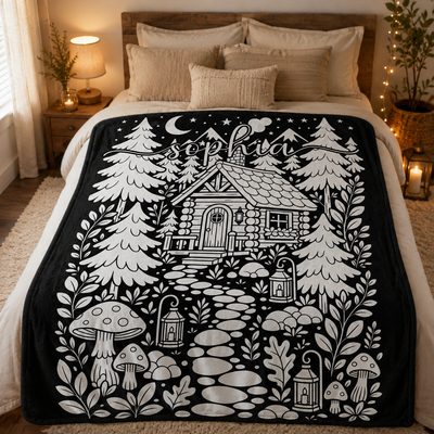Personalized Name Line Art Blanket Custom Floral Butterfly Woodland Cottage Owl Dragon Black White Sketch Cozy Blanket Custom Name Gift