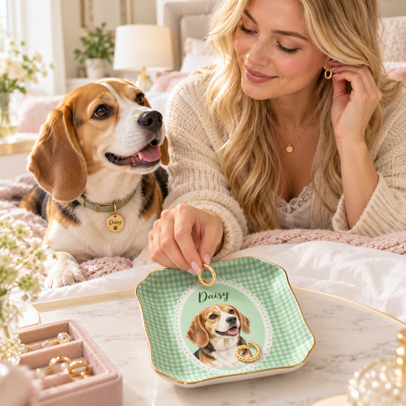 Custom Dog Cat Portrait - Turn Pet Photo Into Art - Vintage Retro Frame - Personalized Jewelry Dish