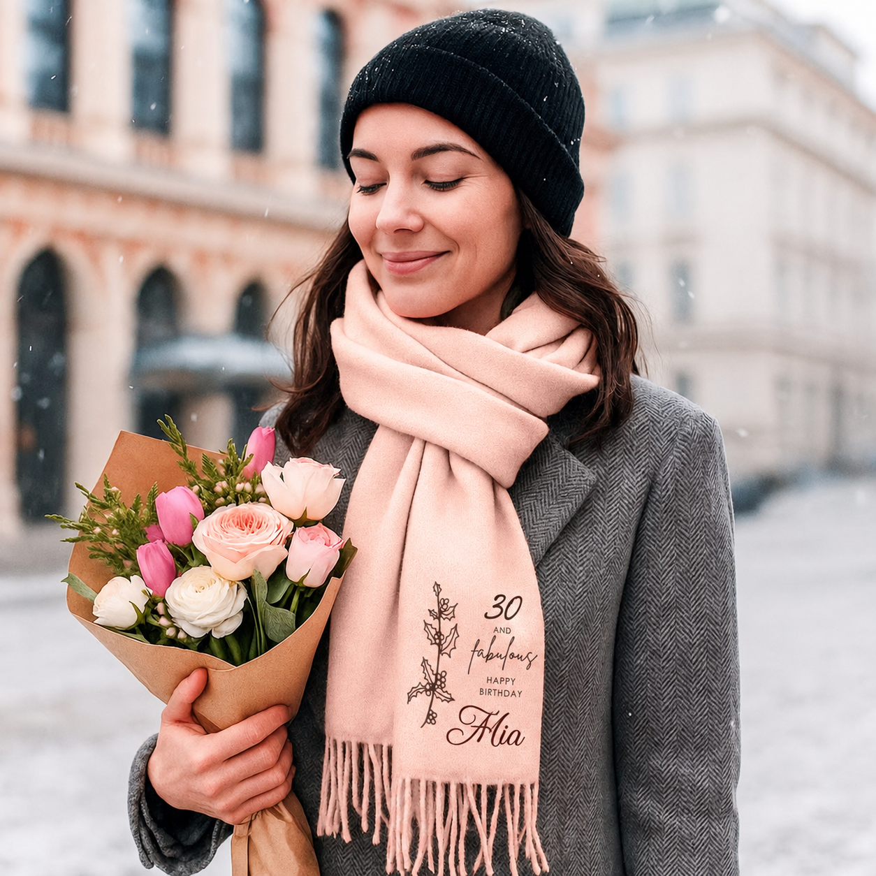 Personalized Super Soft Warm Scarf Shawl with Embroidered Birth Flower and Text Fashion Accessory Birthday Christmas Gift for Couple Family