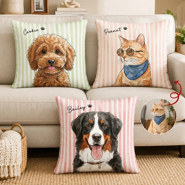 Custom Striped Pet Pillow Watercolor Art - Personalized Pillow