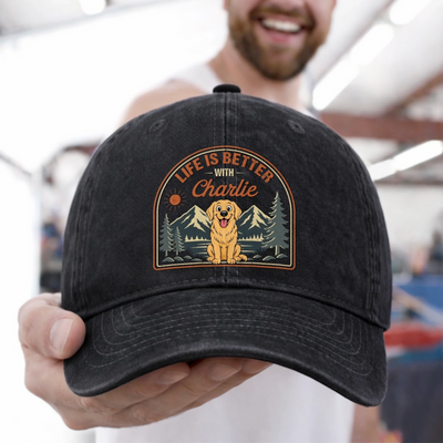 Custom Vintage Washed Denim Baseball Cap - Personalized Father's Day Gifts For Dog Lovers, Dog Dad And Mom - Dog Walks, Mountain Talks
