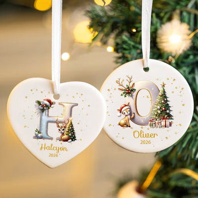 Personalized Reindeer Christmas Tree Initial Ceramic Christmas Ornament with Name and Year Christmas Decor Gift for Family Friends