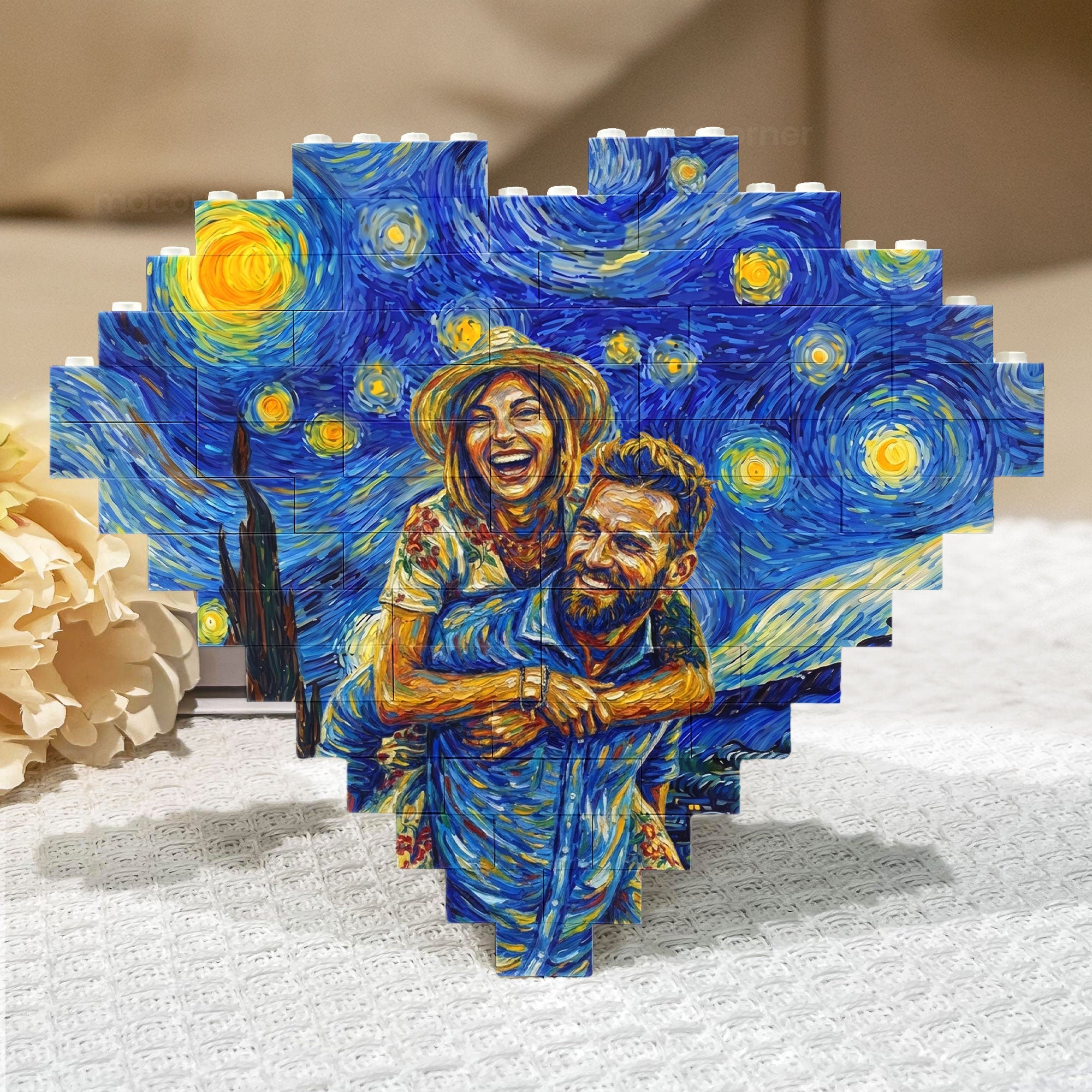 Van Gogh Art Custom Couple Photo Anniversary Gifts Version 3 - Personalized Building Blocks